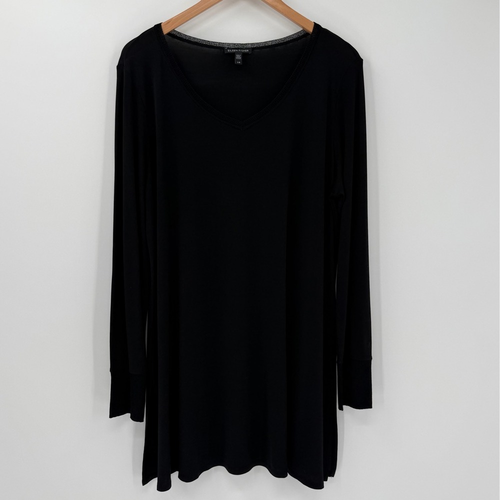 Eileen Fisher Black Silk Jersey Long Tunic V-Neck Side Slits Size Large
